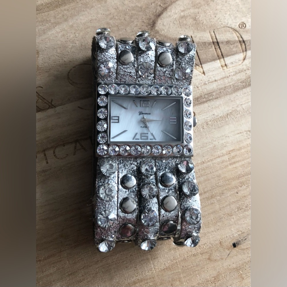 Silver Rhinestone Real Leather Watch